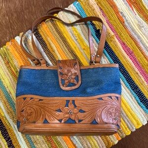 Brown and Blue Embroidered Women's Bag
